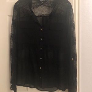 Bebe lace and mixed media camp style shirt